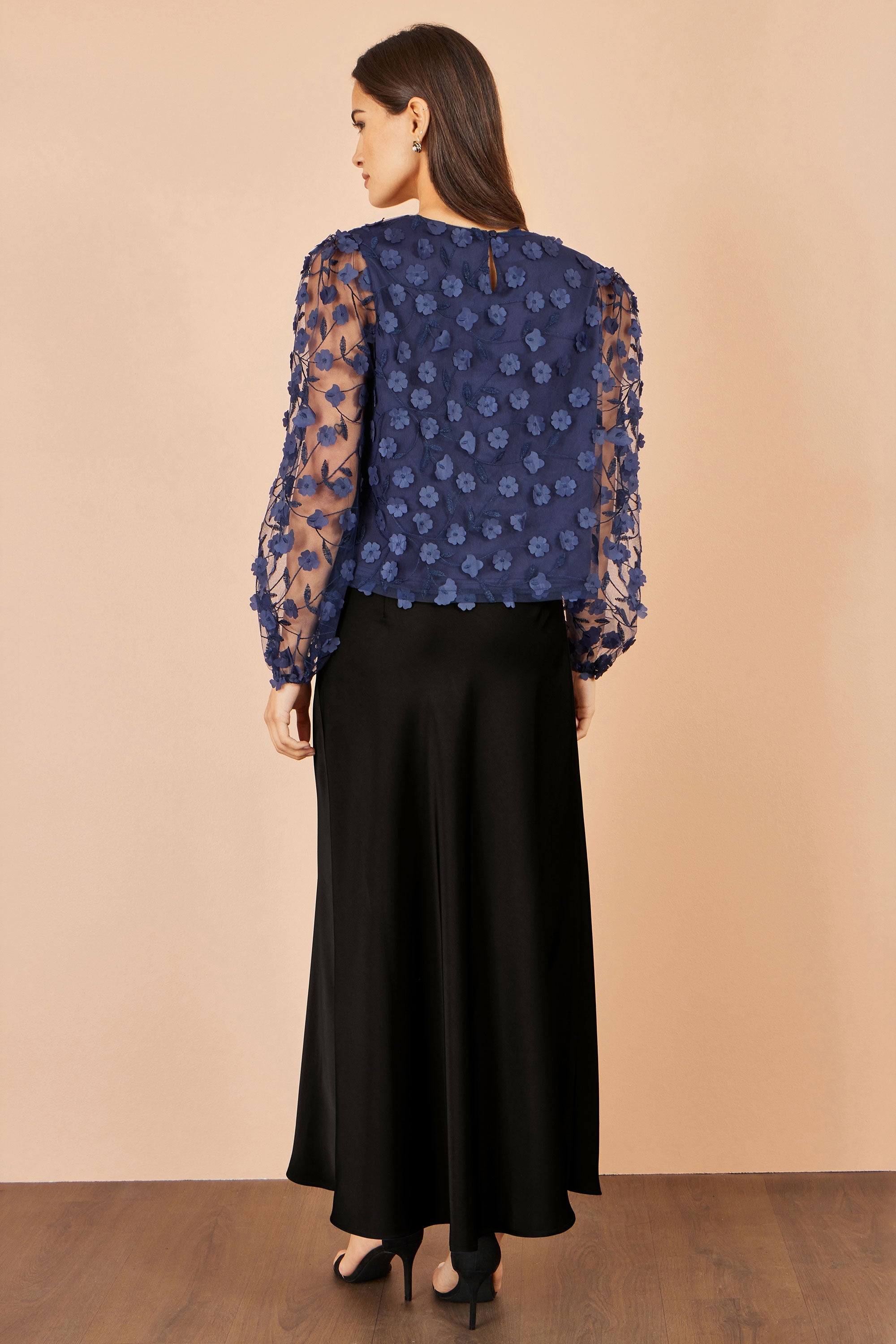 Yumi Navy Sheer Sleeve Applique Flower Top