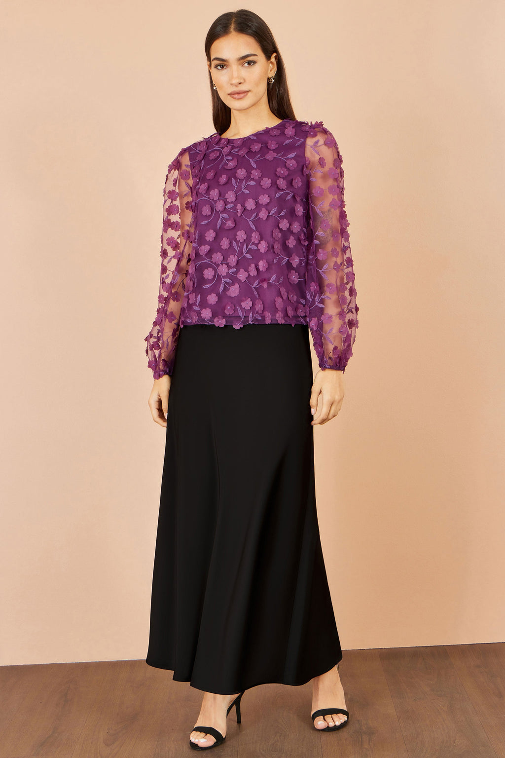 Yumi Plum Sheer Sleeve Applique Flower Top