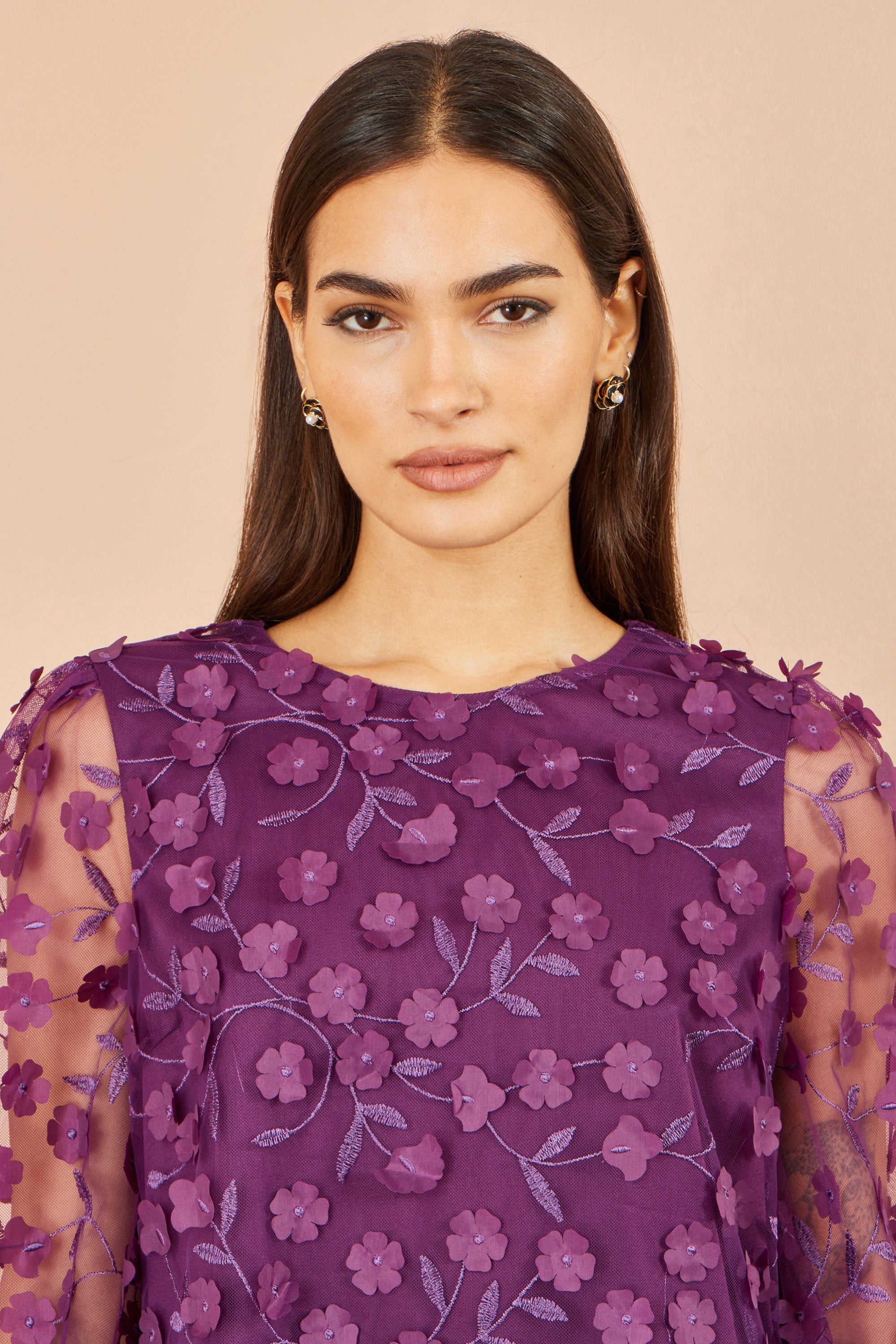 Yumi Plum Sheer Sleeve Applique Flower Top