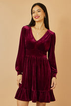 Yumi Burgundy Velvet Long Sleeve Skater Dress