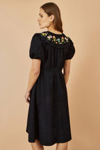 Yumi Black Long Sleeve Midi Dress With Floral Embroidery