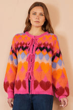 Yumi Pink Tie Front Heart Intarsia Cardigan