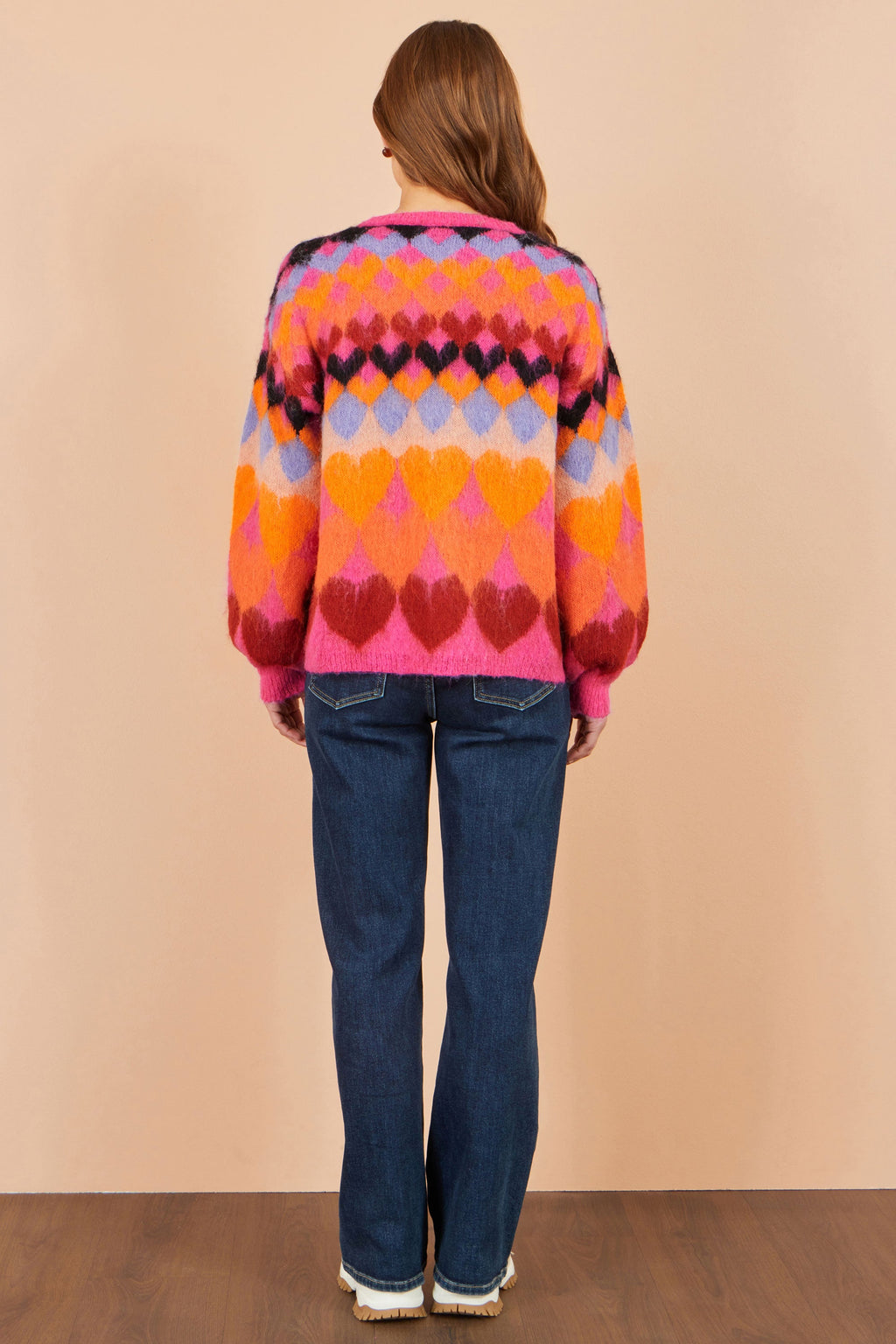 Yumi Pink Tie Front Heart Intarsia Cardigan