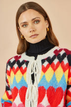 Yumi Multicolour Tie Front Heart Intarsia Cardigan