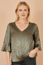 Yumi Gold Stretch Top With Fluted Sleeves