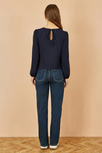 Yumi Navy Stretch Cotton Jersey Long Sleeve Top
