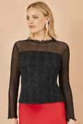 Yumi Black Sparkle Print Mesh Stretch Fitted Top