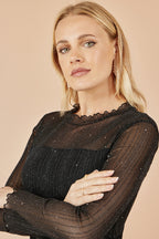 Yumi Black Sparkle Print Mesh Stretch Fitted Top