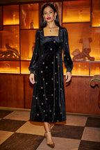 Yumi Black Velvet Midi Dress With Starburst Foil Print