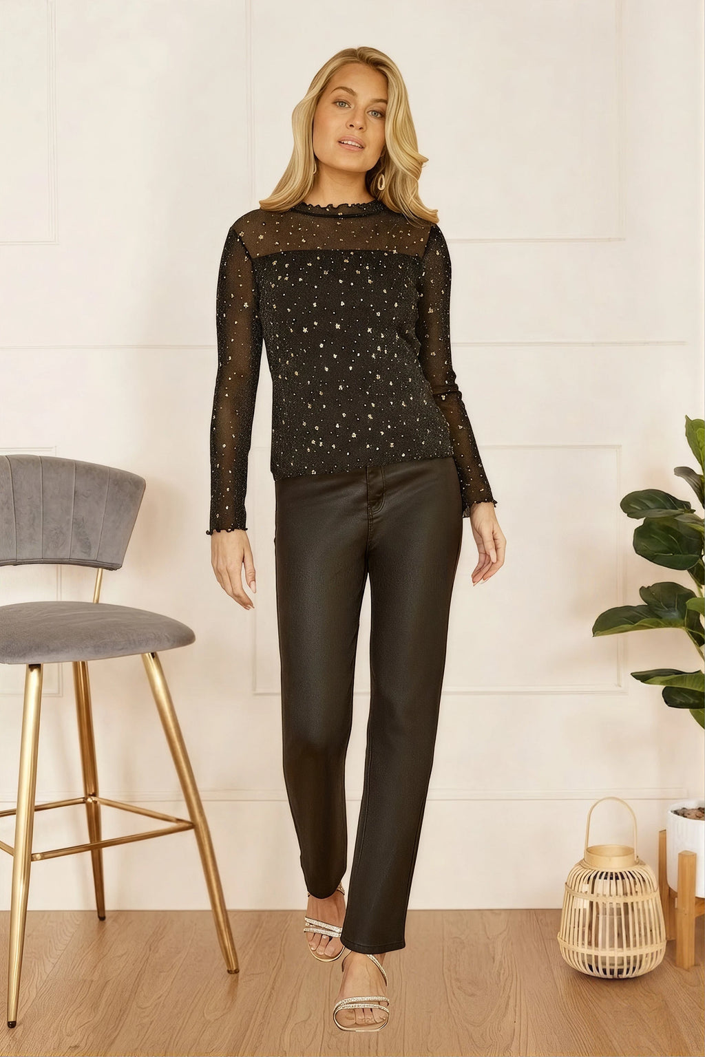 Yumi Black Mesh Star Print Long Sleeve Top