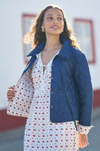 Yumi Blue Chambray Quilted Jacket With Cherry Lining