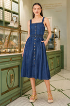 Yumi Blue Chambray Cotton Ruched Midi Sun Dress