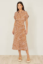 Yumi Brown Abstract Swirl Print Relaxed Midi Shirt Dress With Belt