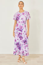 Yumi Lavender Floral Print Frill Midi Dress