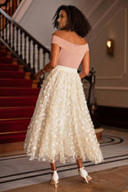 Yumi Ivory Mesh Floral Applique Midi Skirt