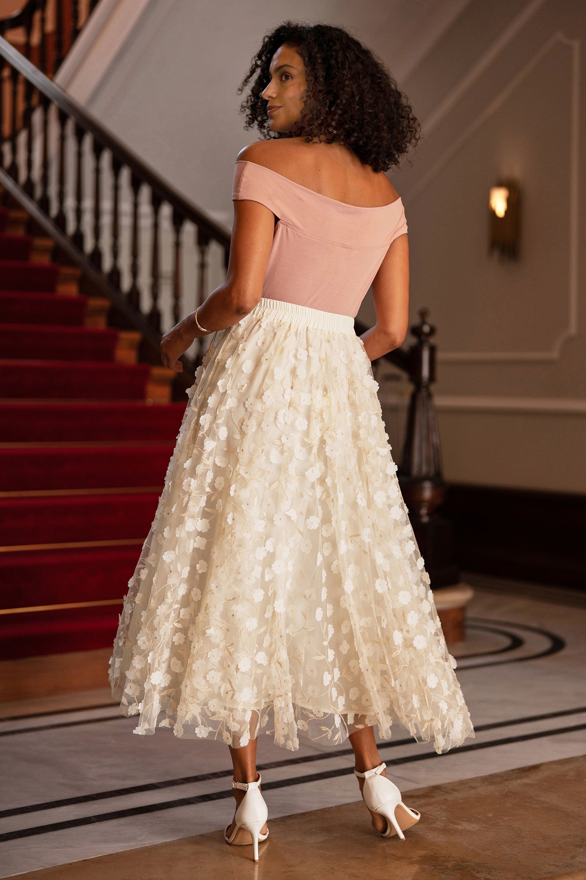 Yumi Ivory Mesh Floral Applique Midi Skirt