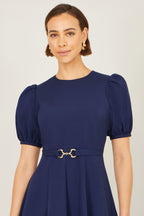 Yumi Navy Skater Dress With Puff Sleeves And Buckle Detail