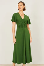 Yumi Green Ruched Front Stretch Midi Dress