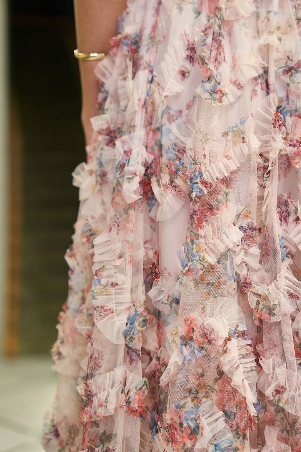 Yumi Ivory Floral Ruffle Mesh Midi Skirt