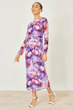 Yumi Purple Floral Mesh Midi Dress With Tie Back