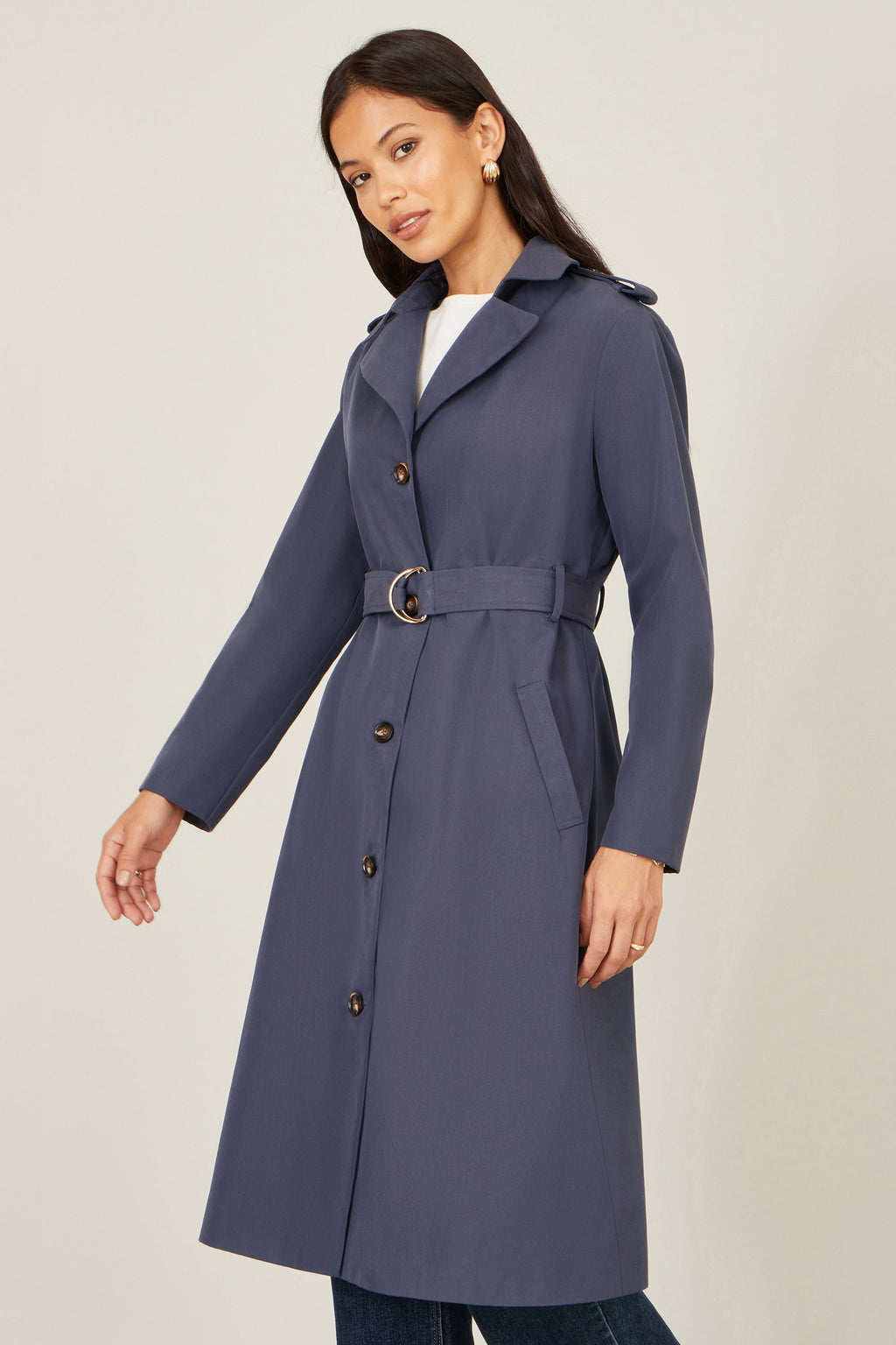 Yumi Navy Belted Long Trench Coat With Belt