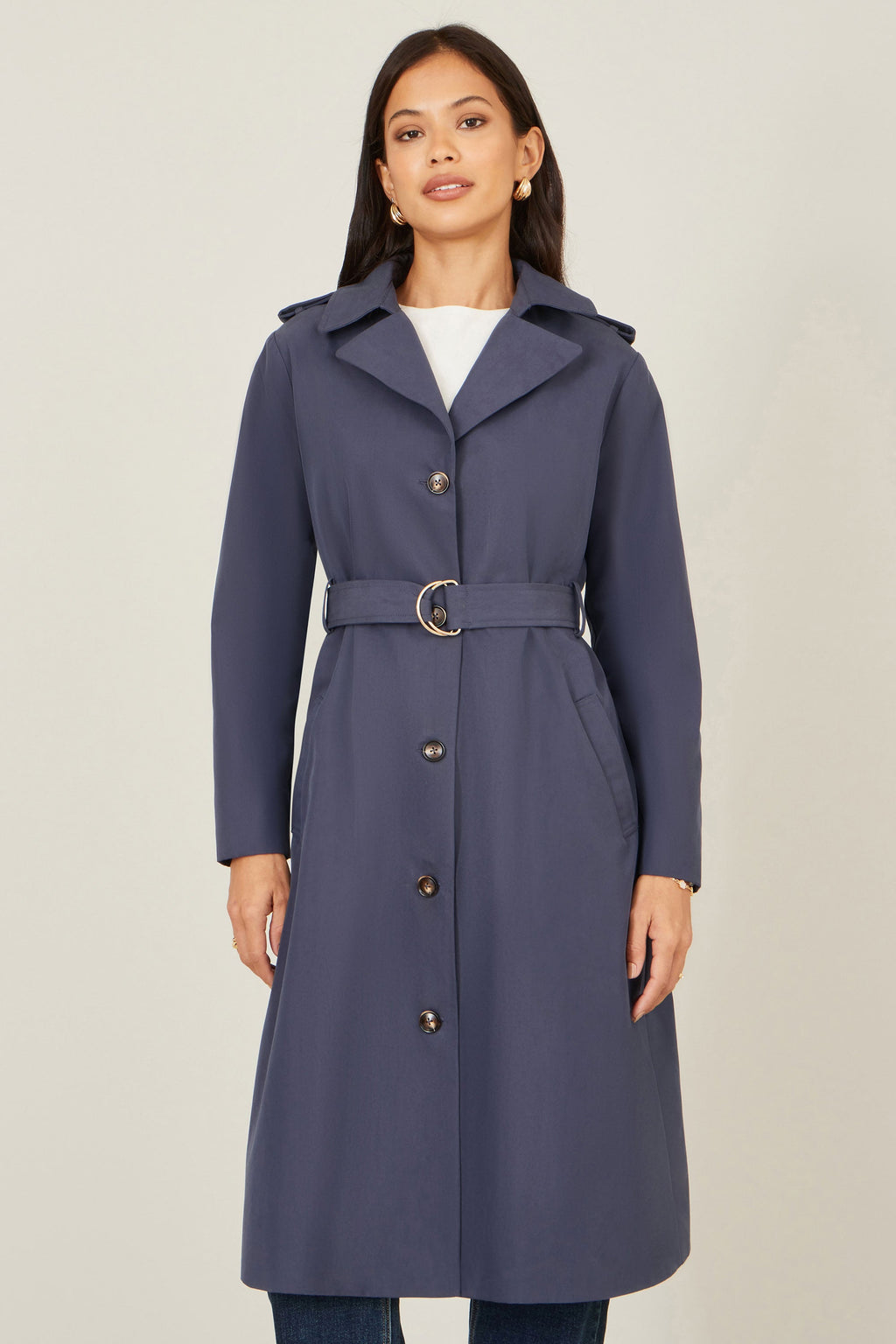 Yumi Navy Belted Long Trench Coat With Belt
