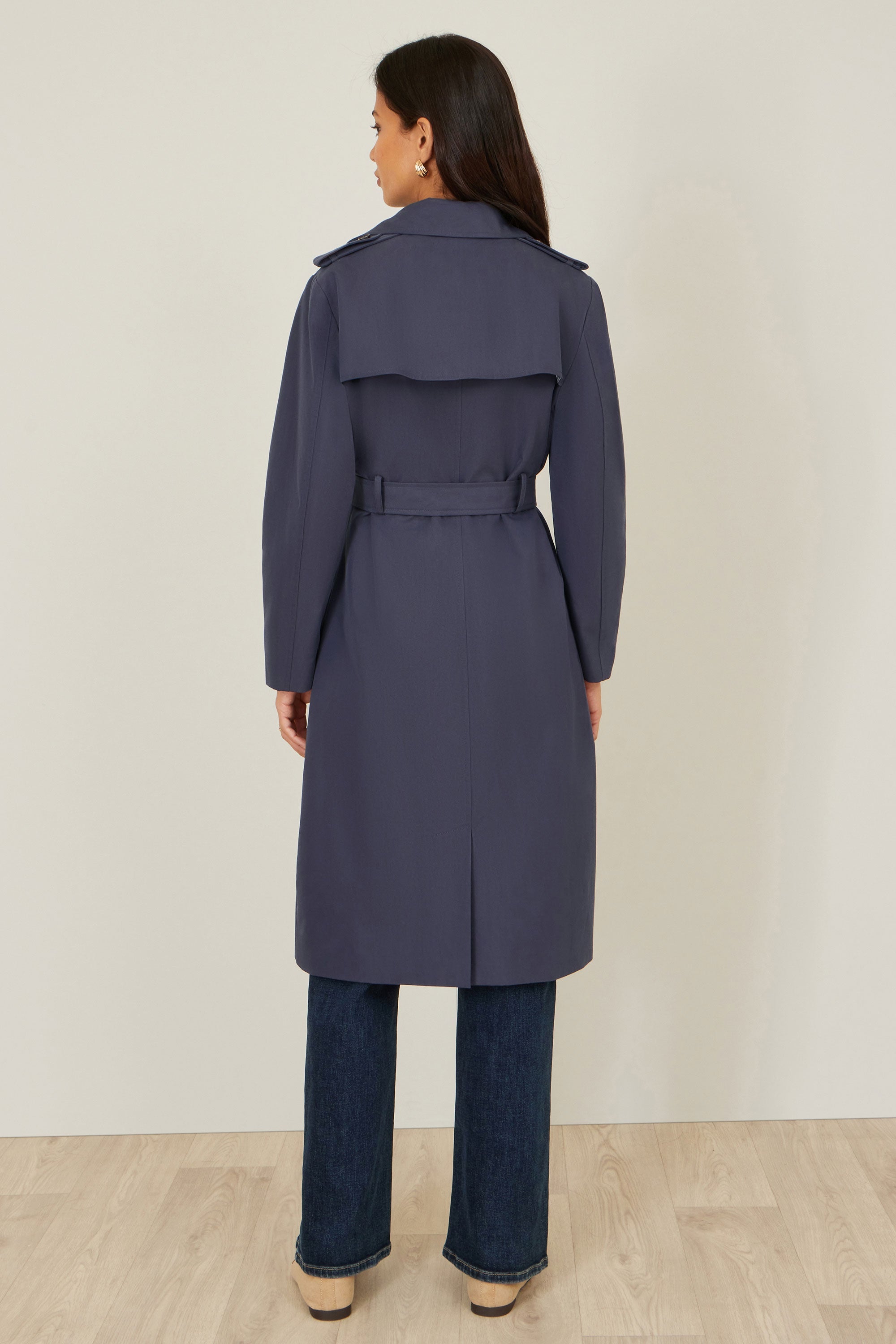 Yumi Navy Belted Long Trench Coat With Belt