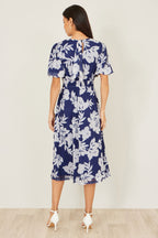 Yumi Navy Flower Stretch Mesh Midi Dress With Angel Sleeves