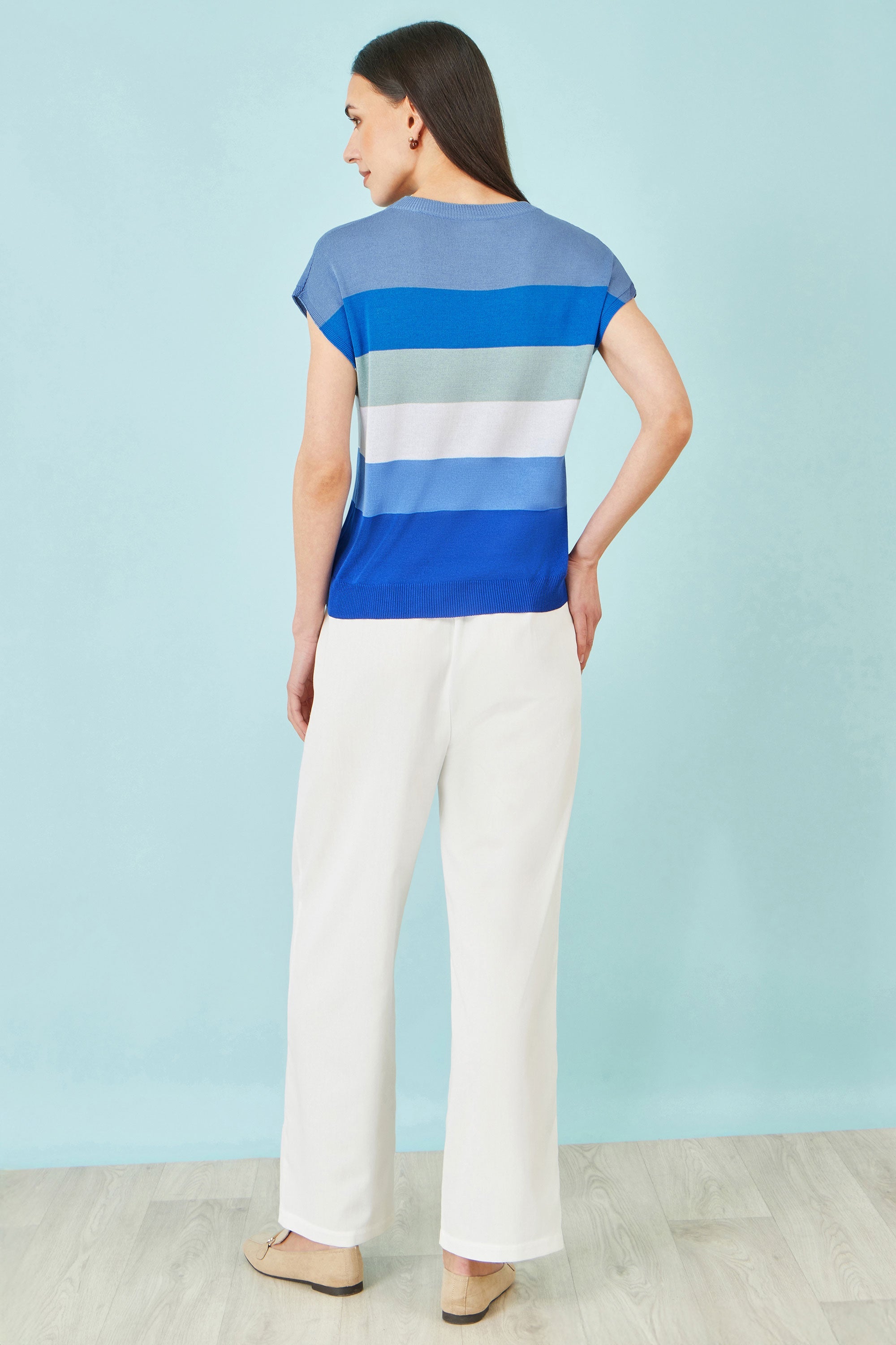 Yumi Blue Block Stripe Relaxed Knitted Top