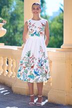 Yumi White Woodland Animal Print Cotton Midi Skater Dress
