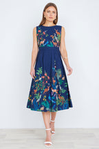 Yumi Navy Woodland Animal Print Cotton Midi Skater Dress