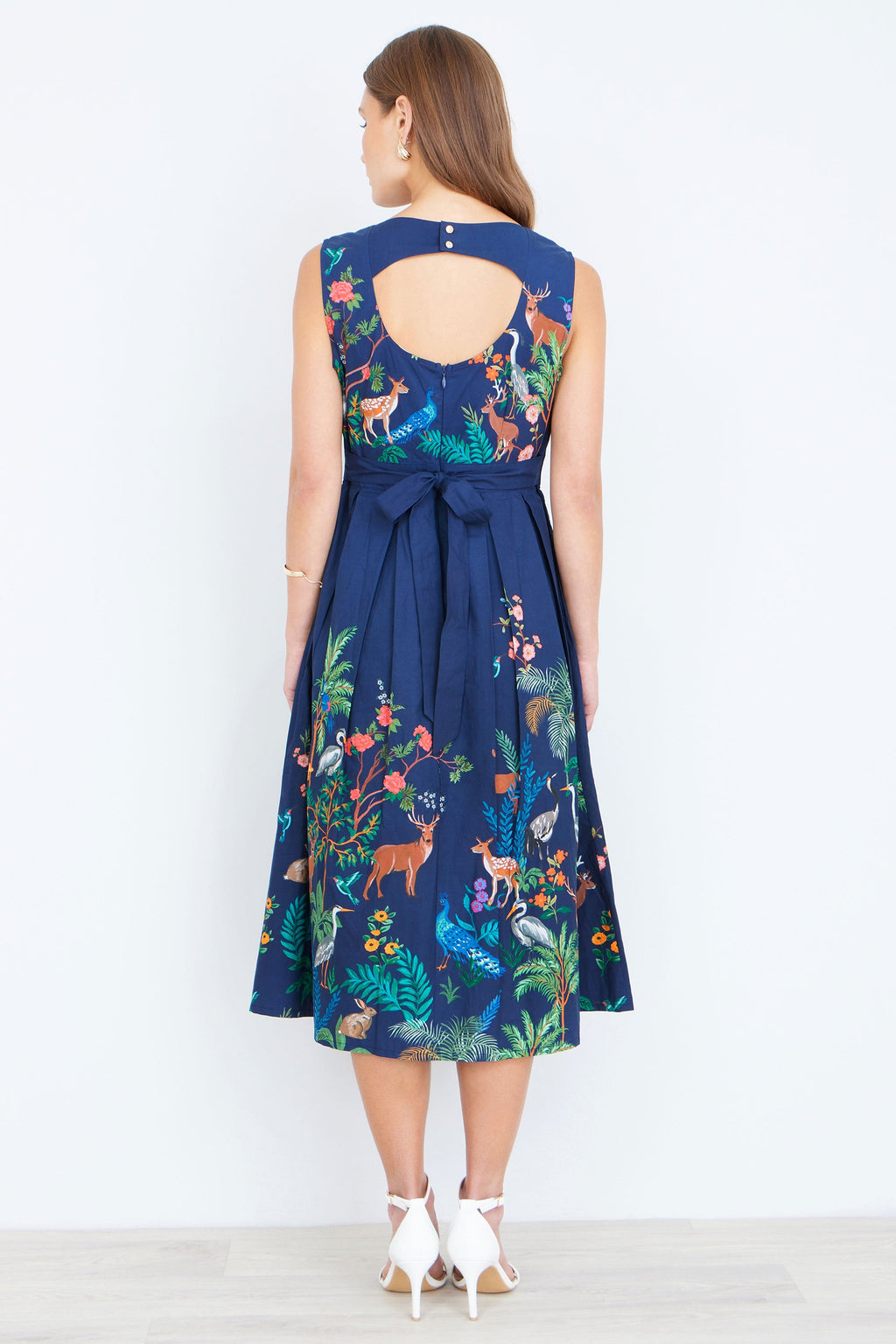 Yumi Navy Woodland Animal Print Cotton Midi Skater Dress