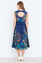 Yumi Navy Woodland Animal Print Cotton Midi Skater Dress