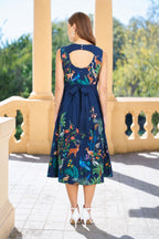Yumi Navy Woodland Animal Print Cotton Midi Skater Dress