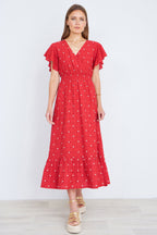 Yumi Red Broderie Anglaise Wrap Midi Dress With Flower Embroidery