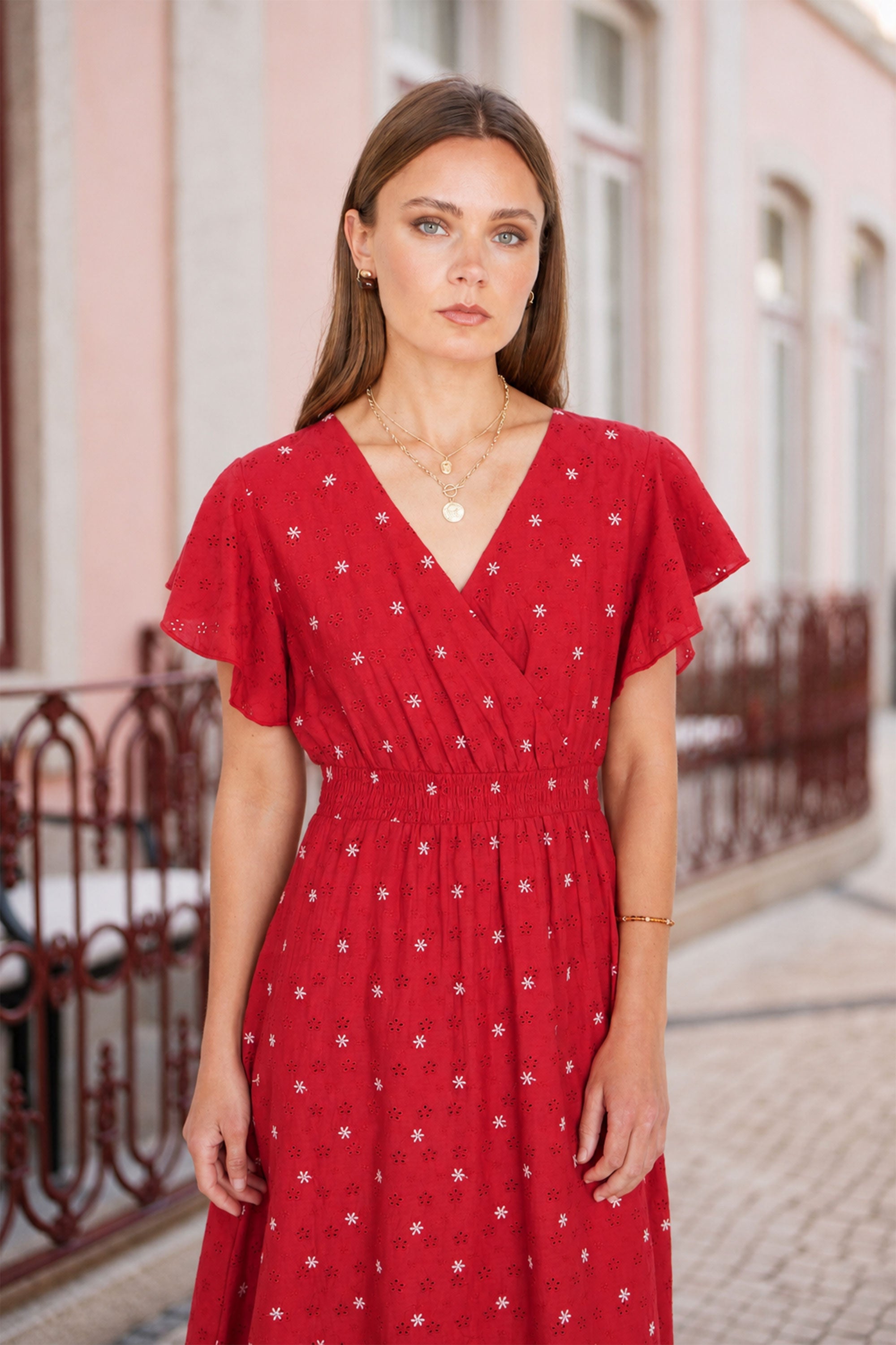 Yumi Red Broderie Anglaise Wrap Midi Dress With Flower Embroidery