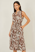 Yumi Brown Leaf Print Shirt Dress