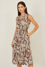 Yumi Brown Leaf Print Shirt Dress