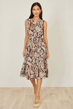 Yumi Brown Leaf Print Shirt Dress