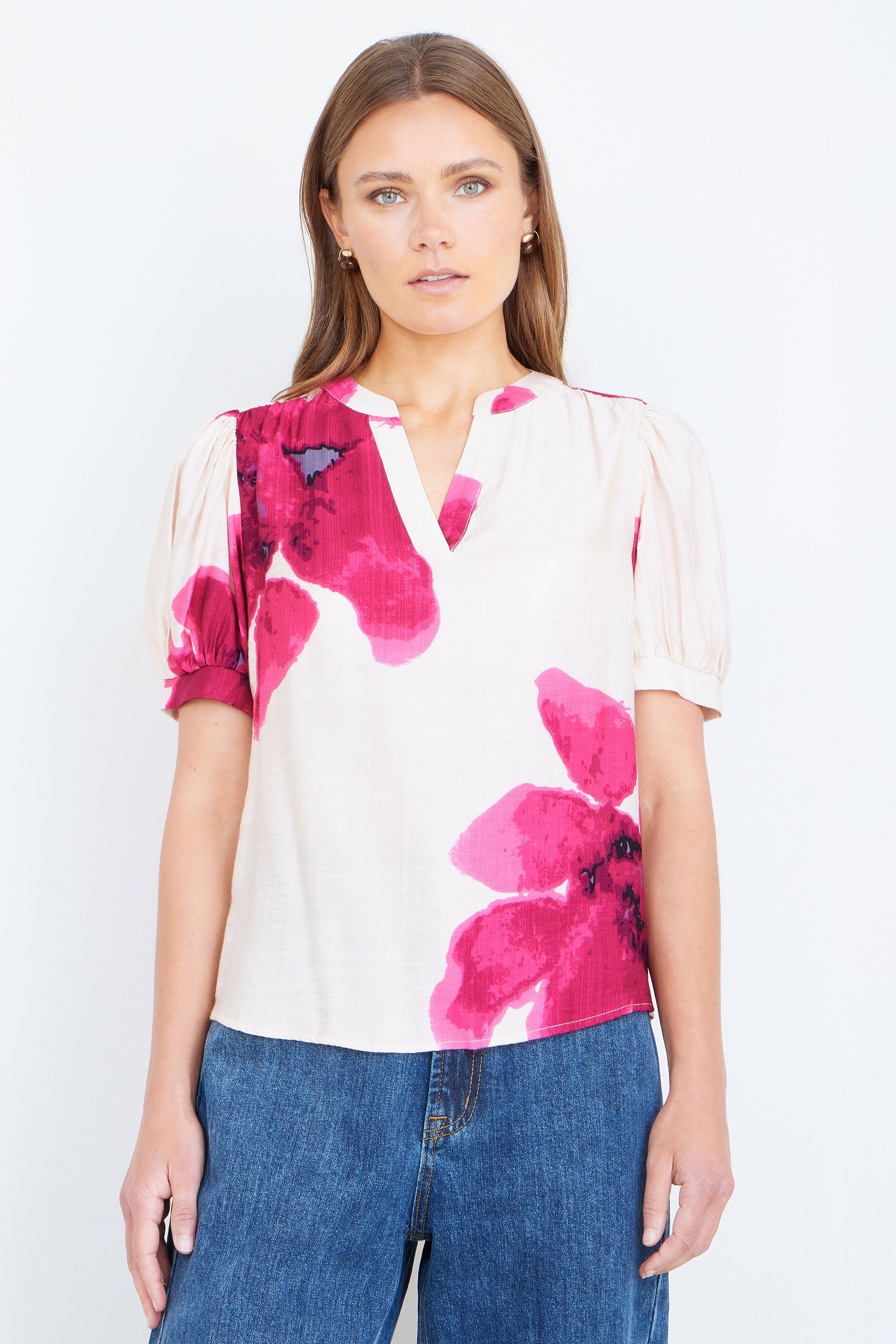 Yumi Pink Watercolour Viscose Floral Top