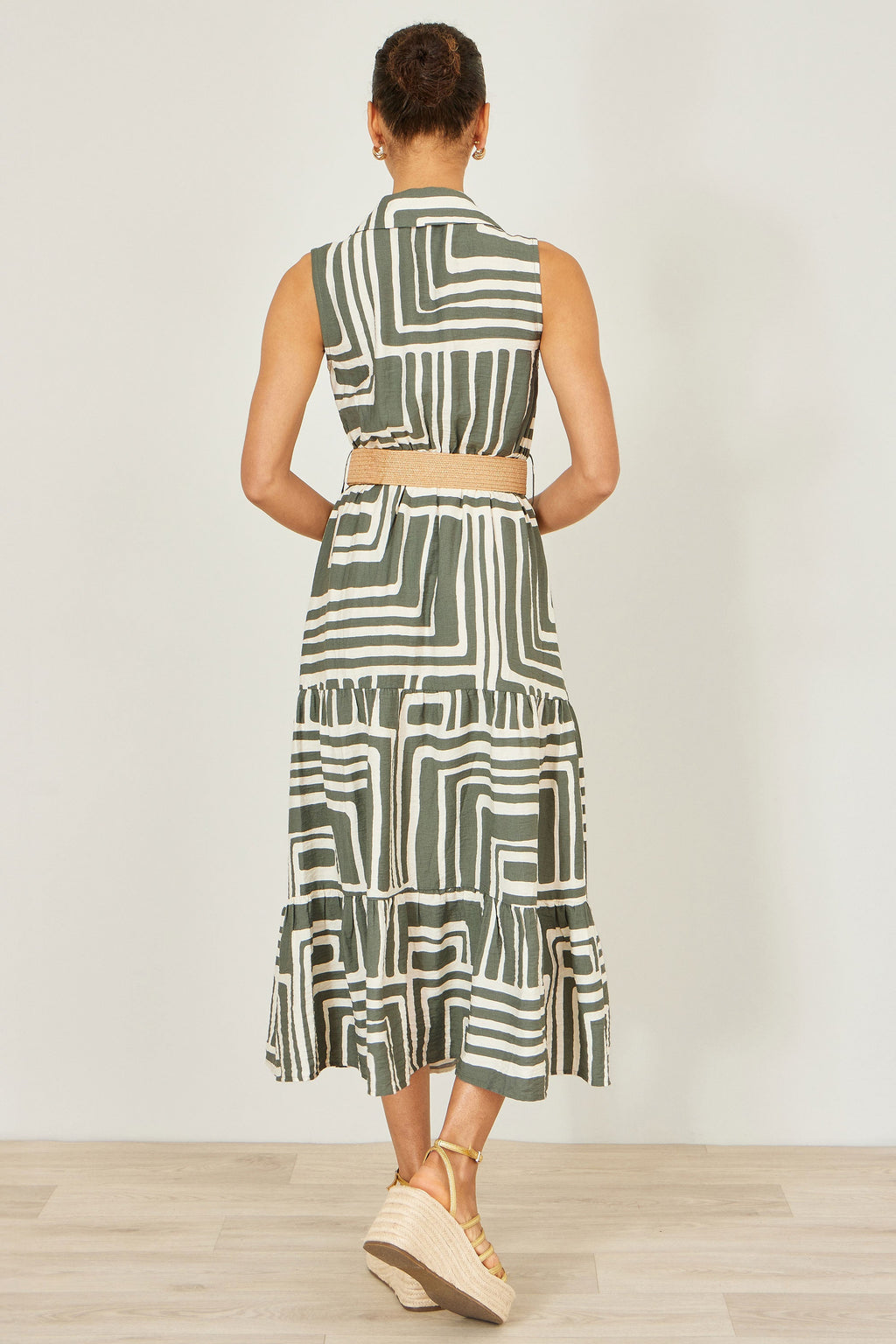 Yumi Green Viscose Geo Print Midi Shirt Dress With Matching Belt