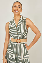 Yumi Green Viscose Geo Print Midi Shirt Dress With Matching Belt