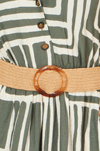 Yumi Green Viscose Geo Print Midi Shirt Dress With Matching Belt