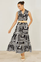Yumi Black Viscose Geo Print Midi Shirt Dress With Matching Belt