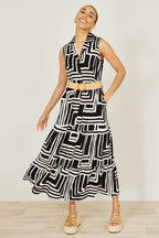 Yumi Black Viscose Geo Print Midi Shirt Dress With Matching Belt