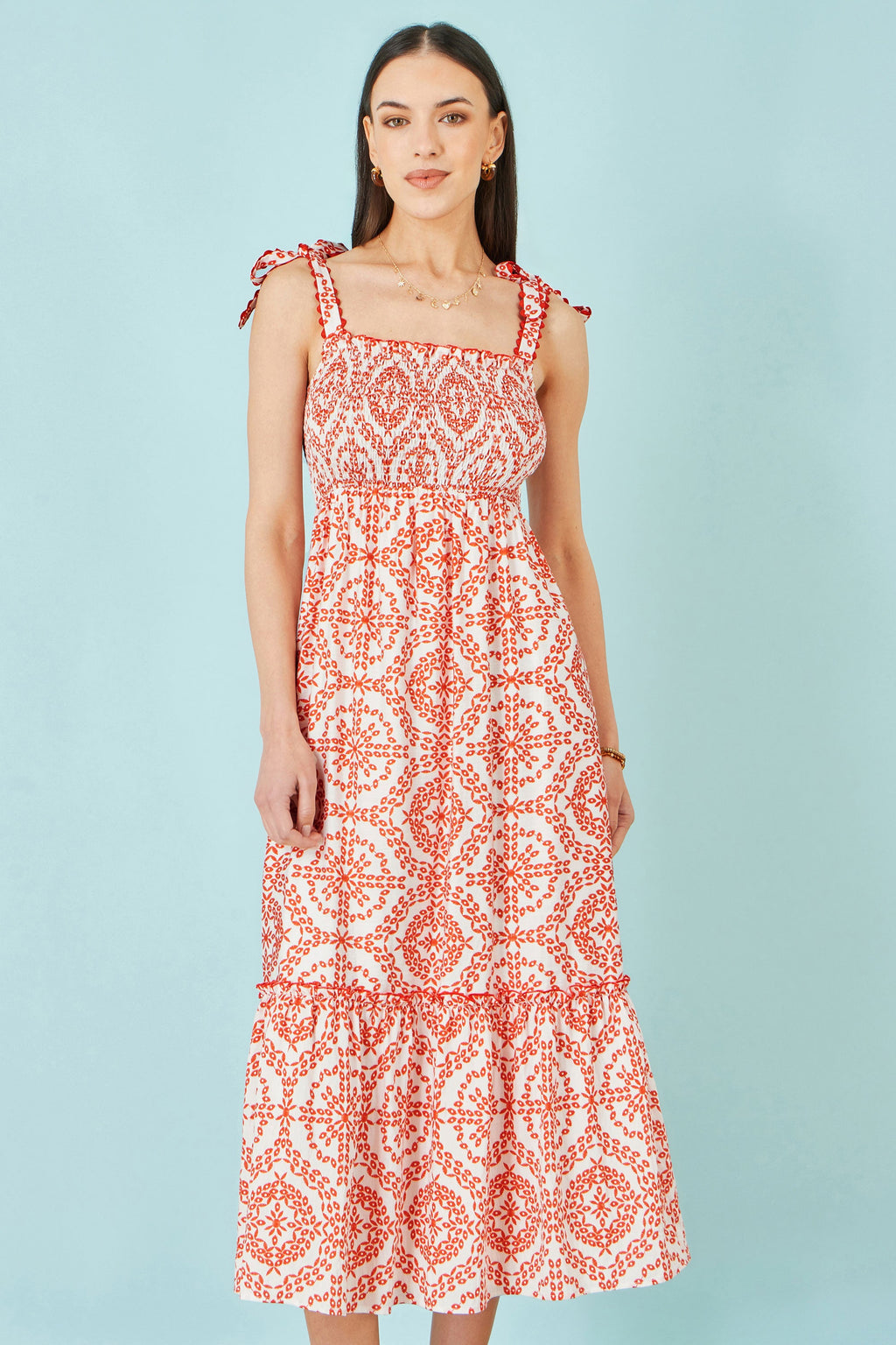 Yumi Red Viscose Ruched Tie Strap Midi Sun Dress