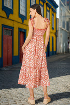 Yumi Red Viscose Ruched Tie Strap Midi Sun Dress