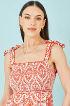 Yumi Red Viscose Ruched Tie Strap Midi Sun Dress