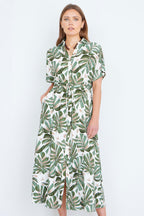Yumi Green Viscose Leaf Print Relaxed Midi Dress