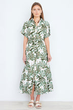 Yumi Green Viscose Leaf Print Relaxed Midi Dress